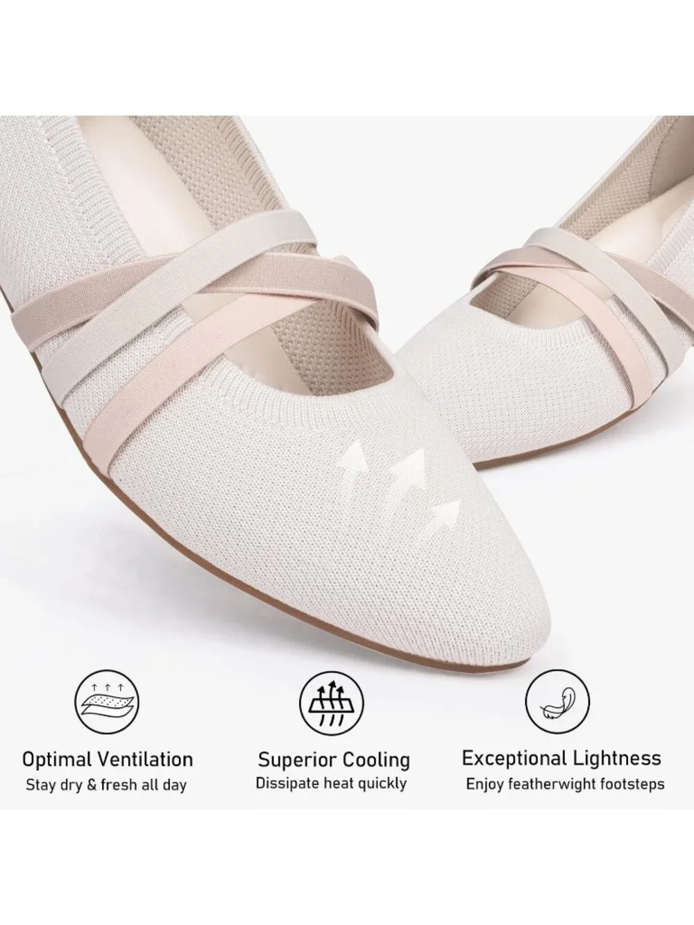Women's Beige Knit Square Toe Ballet Flats Mary Jane Slip On Causal Shoes